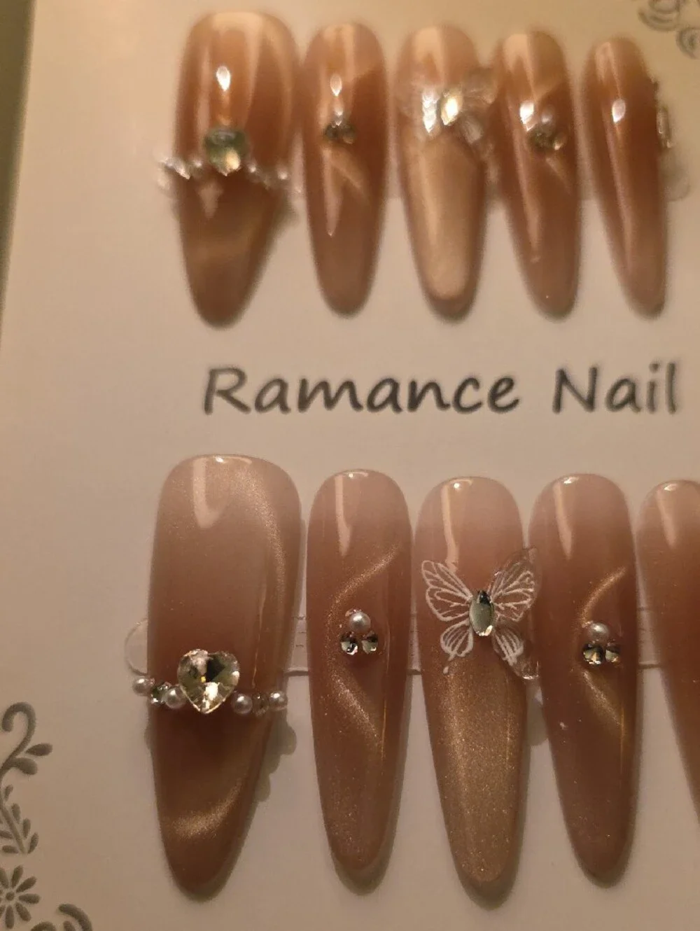 Women's Nude Pink Press-On Nail Set with Butterfly Accent Size Large